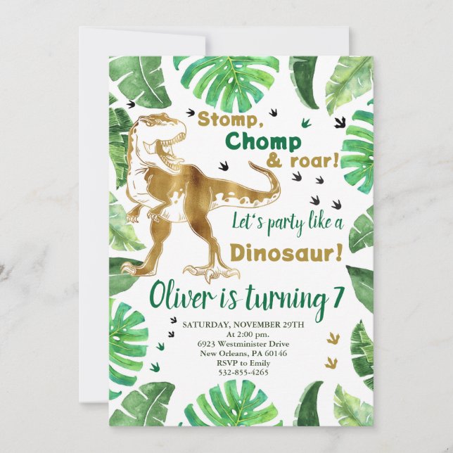 Invitación a los dinosaurios de cumpleaños, cumple (Anverso)