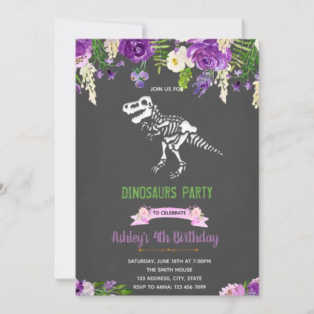 Invitación a los dinosaurios de flores púrpura Chi (Anverso)