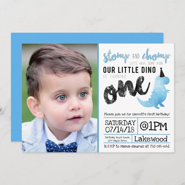 Invitación a los dinosaurios Stomp y primer cumple (Anverso / Reverso)