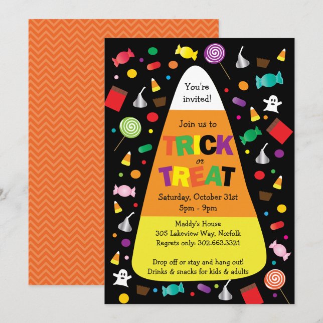 Invitación a los dulces de Halloween con trucos o  (Anverso / Reverso)