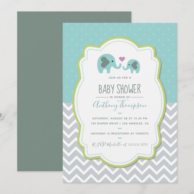 Invitación a los elefantes de Baby Shower Boy (Anverso / Reverso)