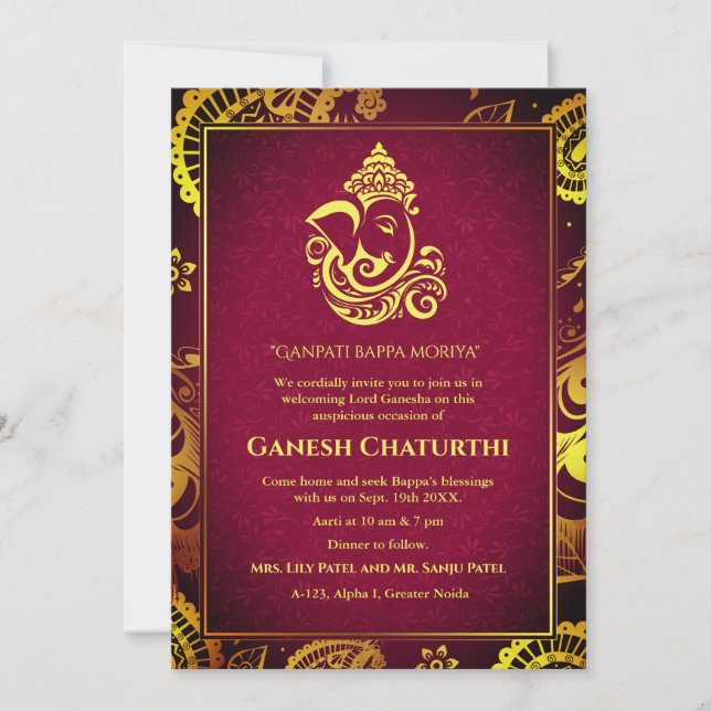 Invitación a los elementos dorados de Ganesh Chatu (Anverso)