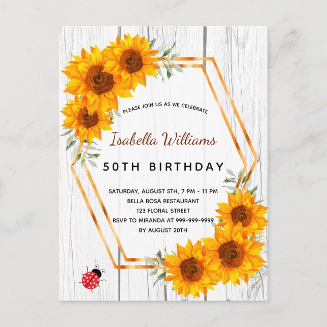 Invitación a los girasoles de cumpleaños de madera (Anverso)