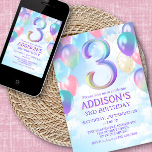 Invitación a los globos arcoiris de cumpleaños 3 c