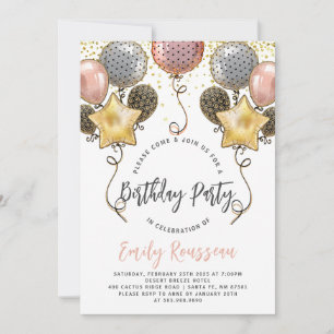 Invitación a los globos de Confetti Gold Party Bir