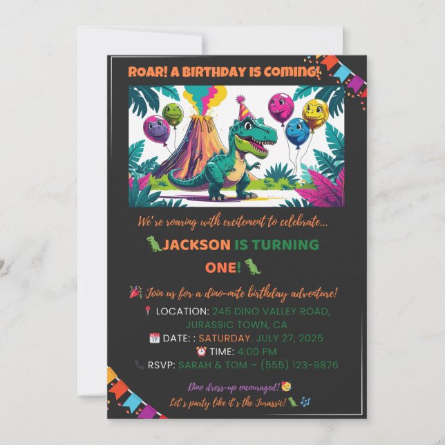Invitación a los globos Dino coloridos - Editable (Anverso)