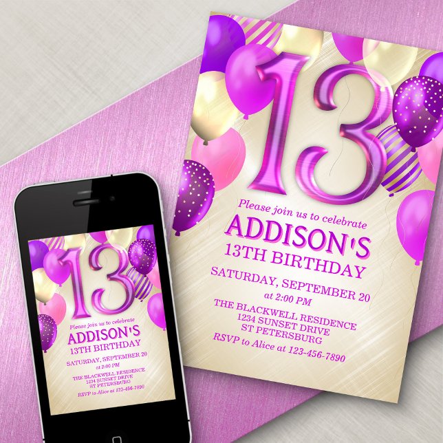 Invitación a los globos rosados de cumpleaños 13 (Subido por el creador)