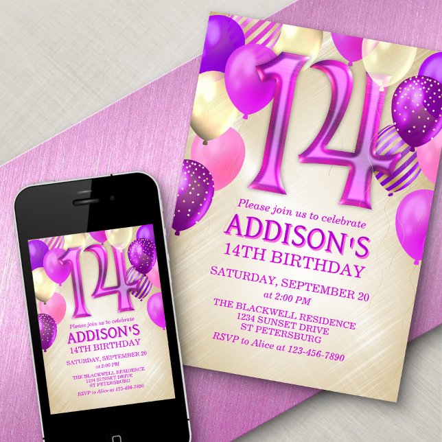 Invitación a los globos rosados de cumpleaños 14 (Subido por el creador)