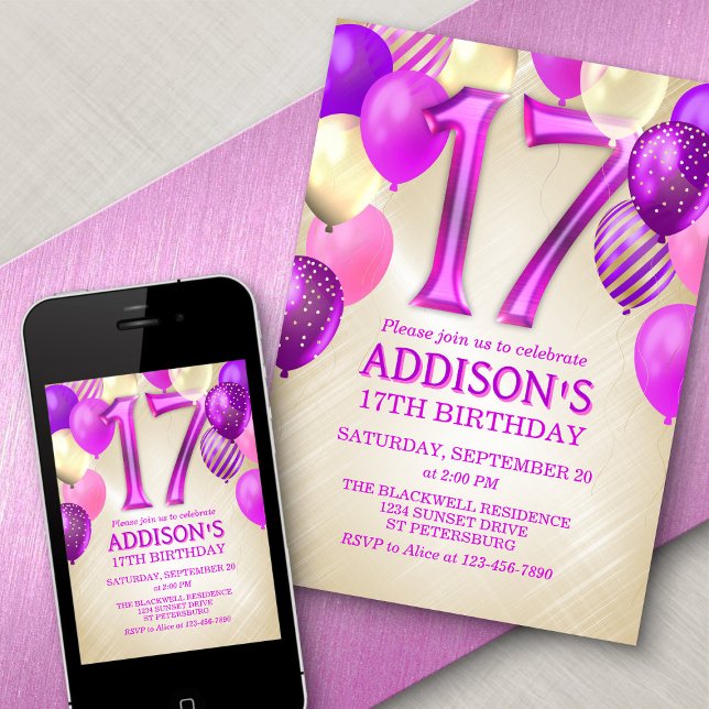 Invitación a los globos rosados de cumpleaños 17 (Subido por el creador)