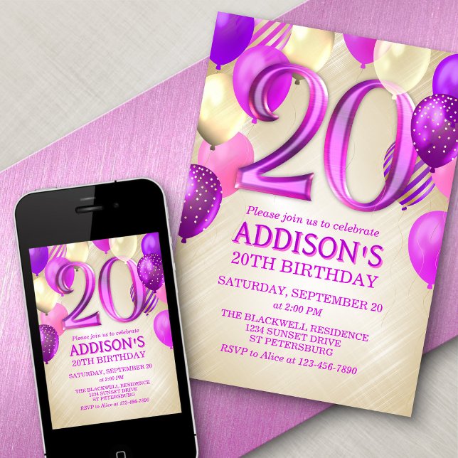 Invitación a los globos rosados de cumpleaños 20 (Subido por el creador)