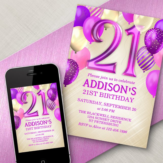 Invitación a los globos rosados de cumpleaños 21 (Subido por el creador)