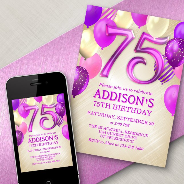 Invitación a los globos rosados de cumpleaños 75 (Subido por el creador)