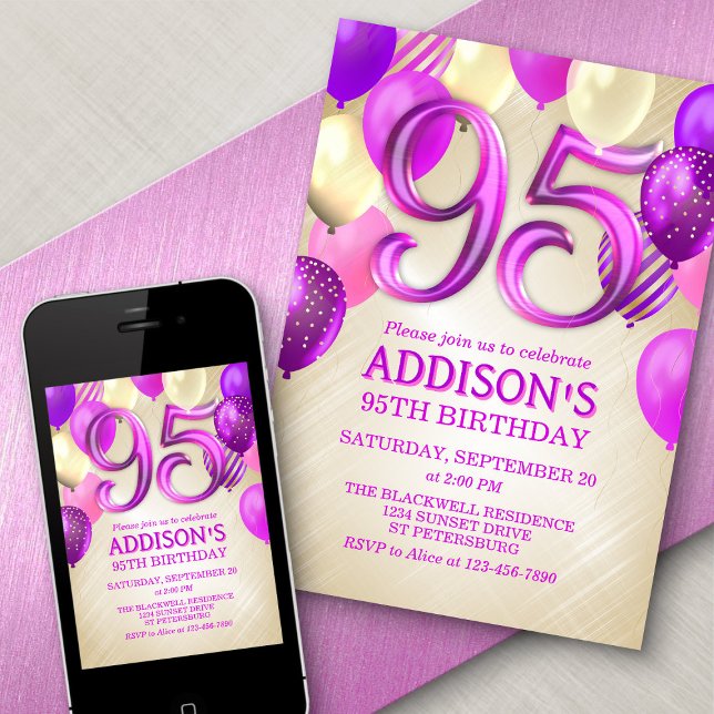 Invitación a los globos rosados de cumpleaños 95 (Subido por el creador)
