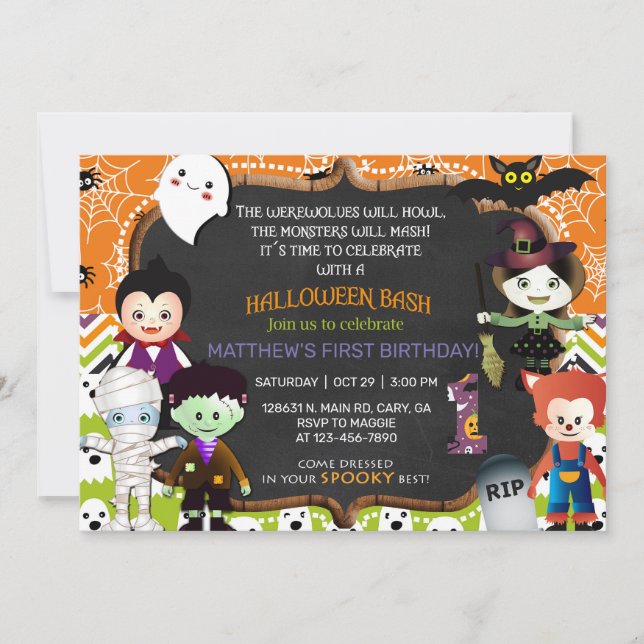 Invitación a los monstruos de Halloween de 1er cum (Anverso)
