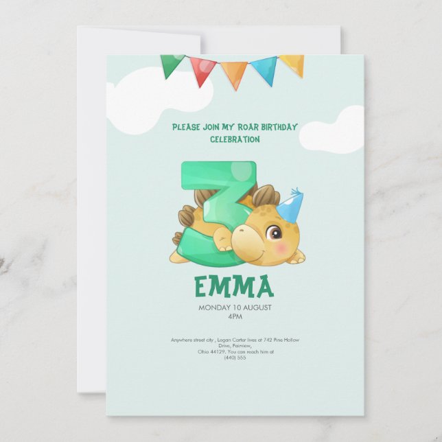 invitación a los niños de 3 años de dinosaurio (Anverso)