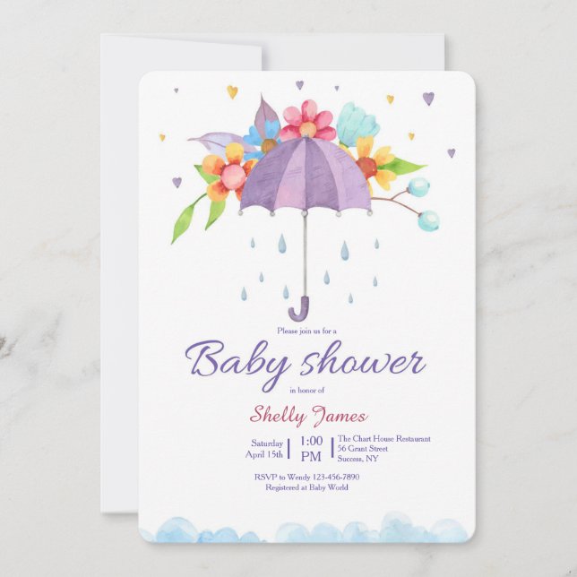 Invitación a los paraguas de Baby Shower (Anverso)