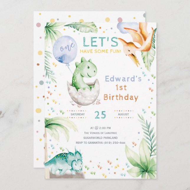 Invitación a los primeros cumpleaños de Dinosaur (Anverso / Reverso)