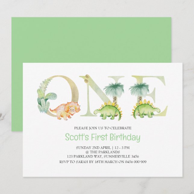 Invitación a los primeros cumpleaños de Dinosaurio (Anverso / Reverso)