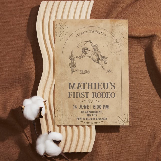 Invitación a los primeros cumpleaños del Rodeo Occ (Beige and Brown Vintage Western First Rodeo Invitation)