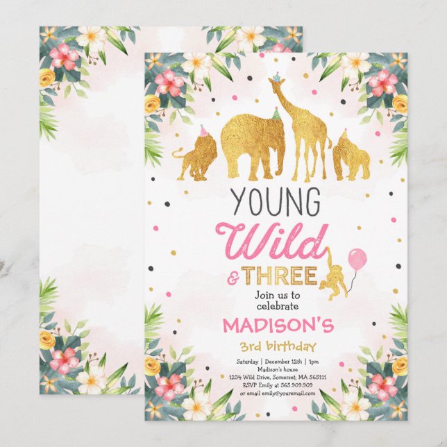 Invitación A Los Tres Años Y A Los Jóvenes Safari (Anverso / Reverso)