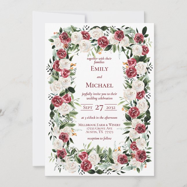 Invitación a marco de marco de rosas blancas rojas (Anverso)