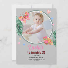 Invitación a mariposa de 1º cumpleaños gris con fo