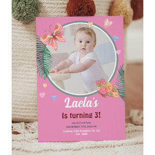 Invitación a mariposa de cumpleaños rosada con fot