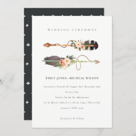 Invitación a matrimonio con flecha floral de pluma