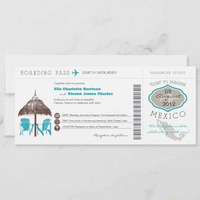 Invitación a matrimonio con tarjeta de embarque de (Anverso)