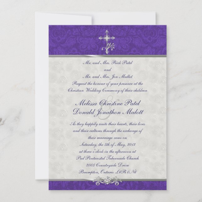 Invitación a matrimonio de doble ceremonia morada  (Anverso)