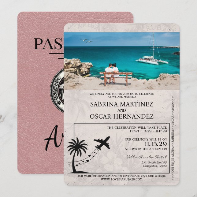 Invitación a matrimonio de Dusty Rosa Aruba Passpo (Anverso / Reverso)