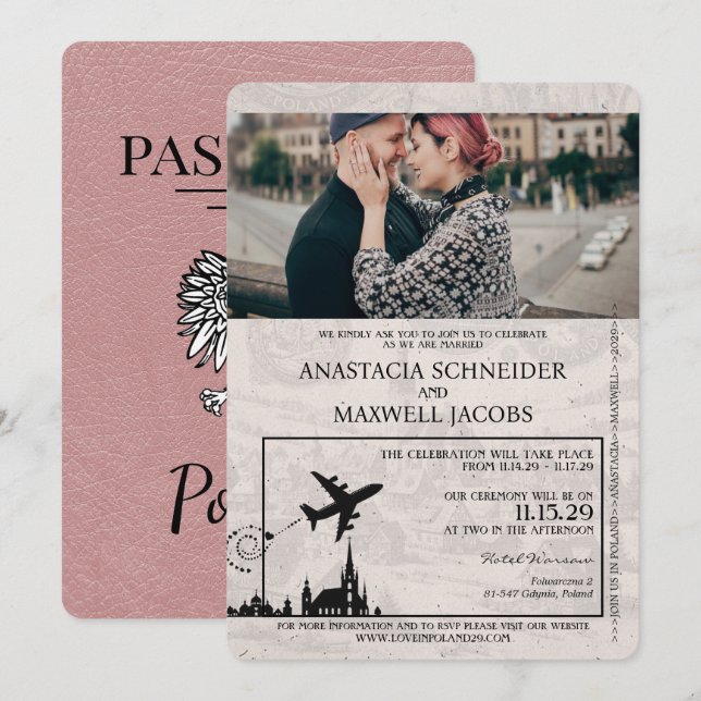Invitación a matrimonio de Dusty Rosa Polonia Pass (Anverso / Reverso)