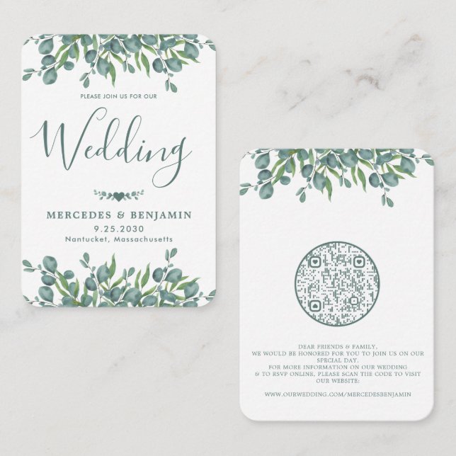 Invitación a matrimonio de Eucalyptus Greenery QR  (Anverso / Reverso)
