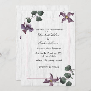 Invitación a matrimonio de flores moradas de mader