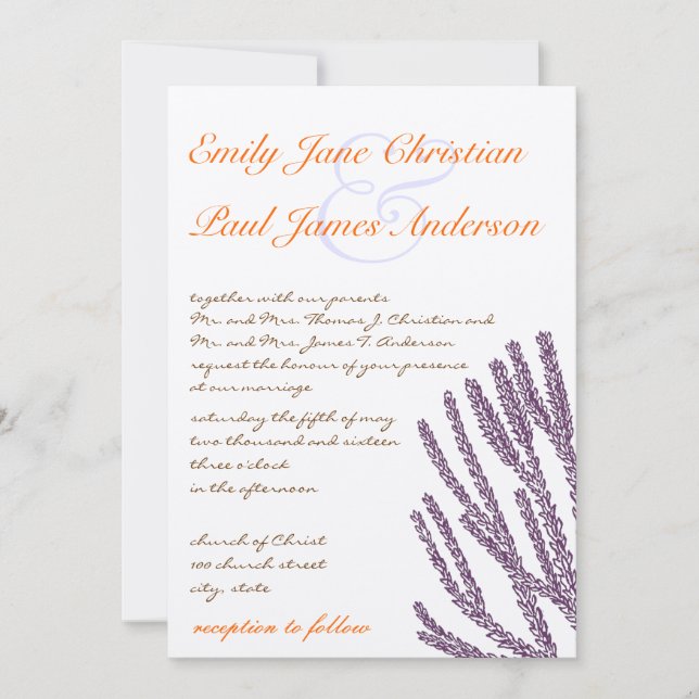 Invitación a matrimonio de flores violetas y coral (Anverso)