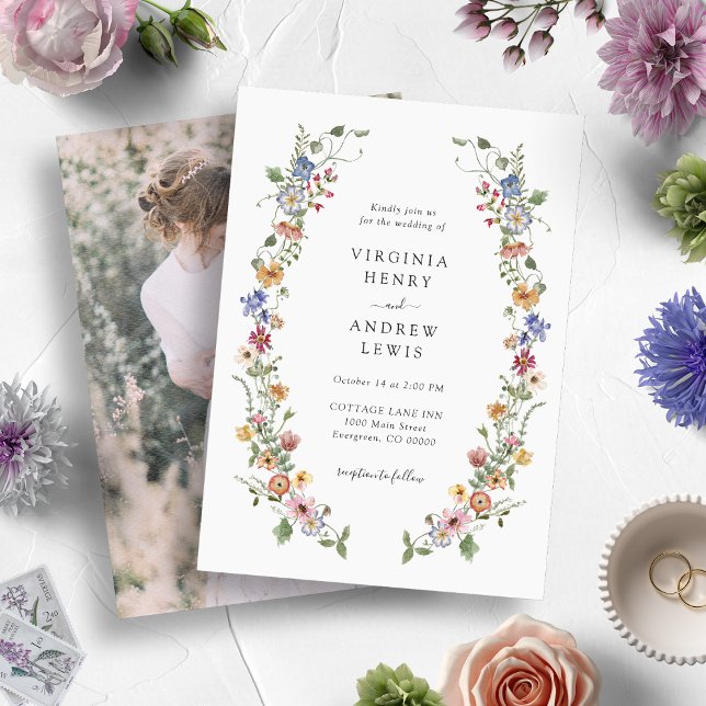 Invitación a matrimonio de fotografía floral vinta (Watercolor Vintage Colorful Wildflower Wedding Invitations by Painted Paperie)
