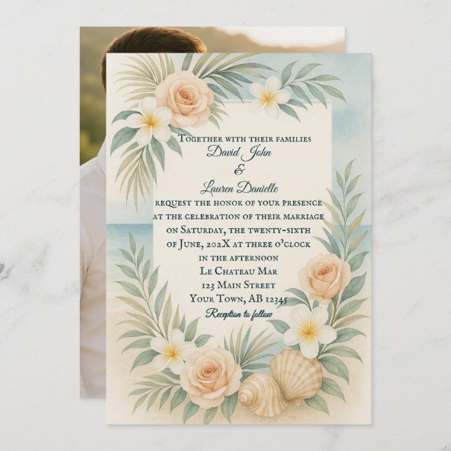 Invitación a matrimonio de fotos con marea y flore (Anverso / Reverso)