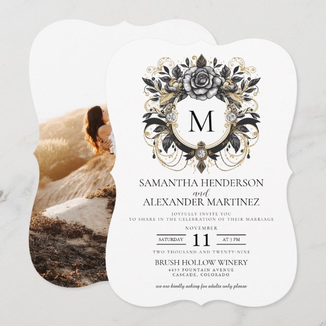 Invitación a matrimonio de fotos de glam floral vi (Anverso / Reverso)
