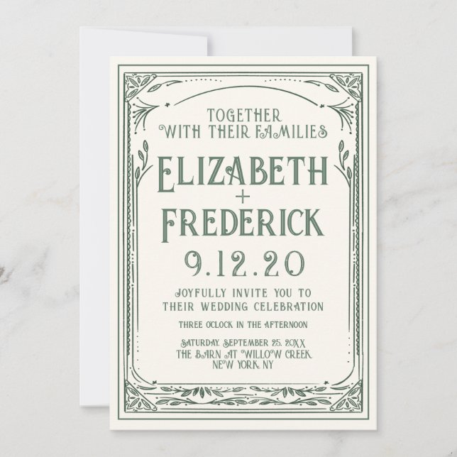 Invitación a matrimonio de impresión antigua verde (Anverso)