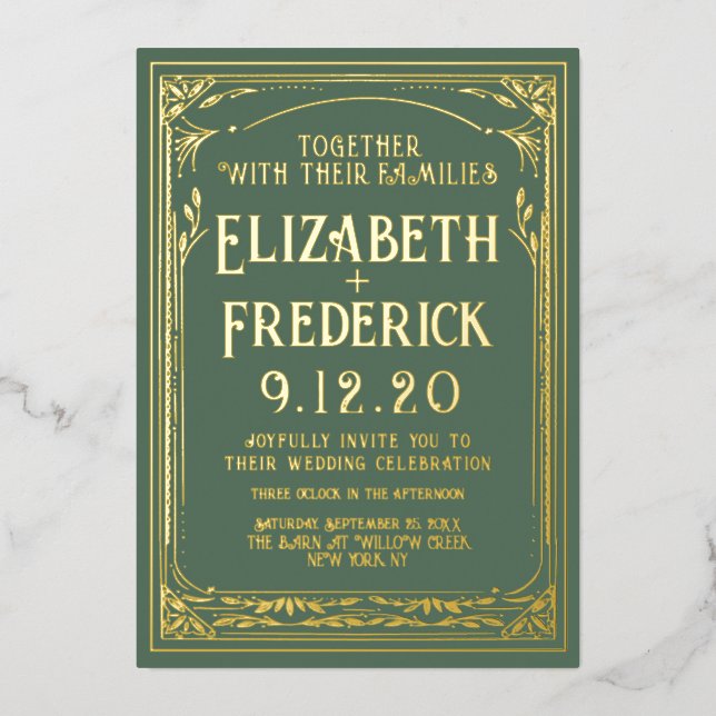Invitación a matrimonio de impresión antigua verde (Anverso)