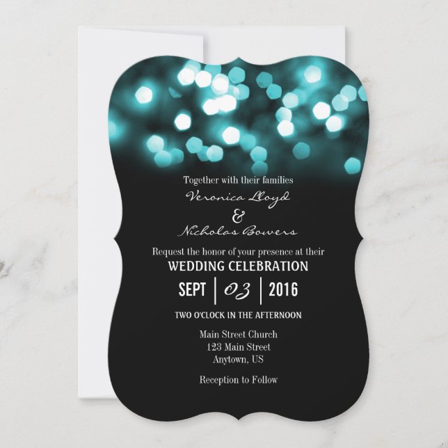 Invitación a matrimonio de las luces turquesa de b (Anverso)
