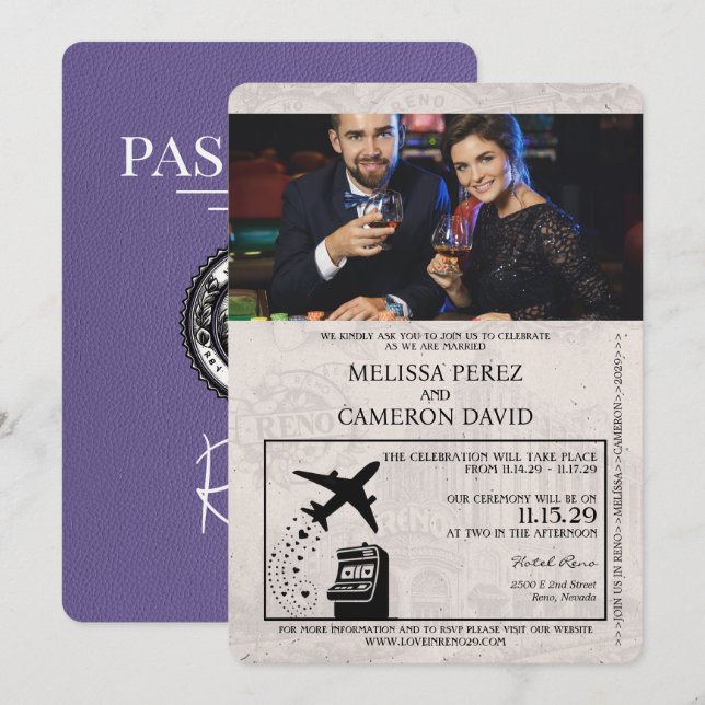 Invitación a matrimonio de Lilac Purple Reno Passp (Anverso / Reverso)