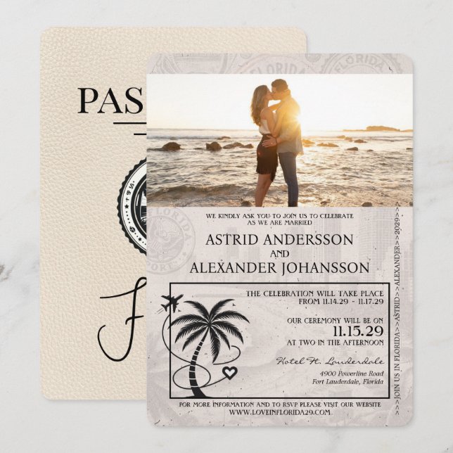 Invitación a matrimonio de marfil Florida Passport (Anverso / Reverso)