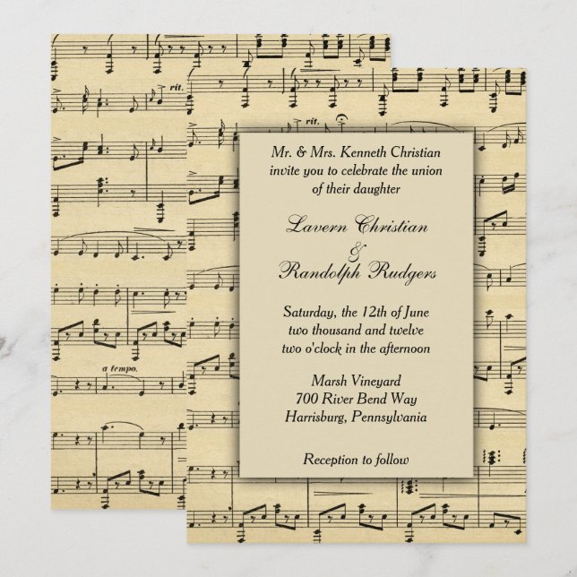 Invitación a matrimonio de música de hojas antigua (Anverso / Reverso)