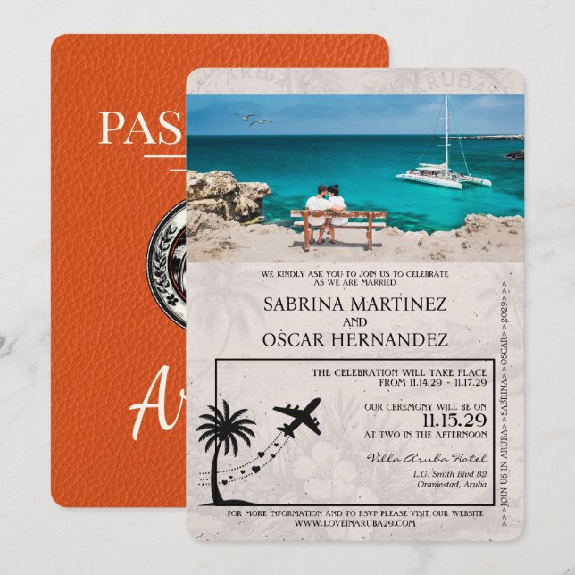 Invitación a matrimonio de naranja Aruba Passport (Anverso / Reverso)