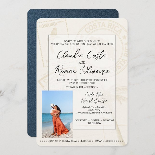 Invitación a matrimonio de Navy Blue Costa Rica Pa (Anverso / Reverso)