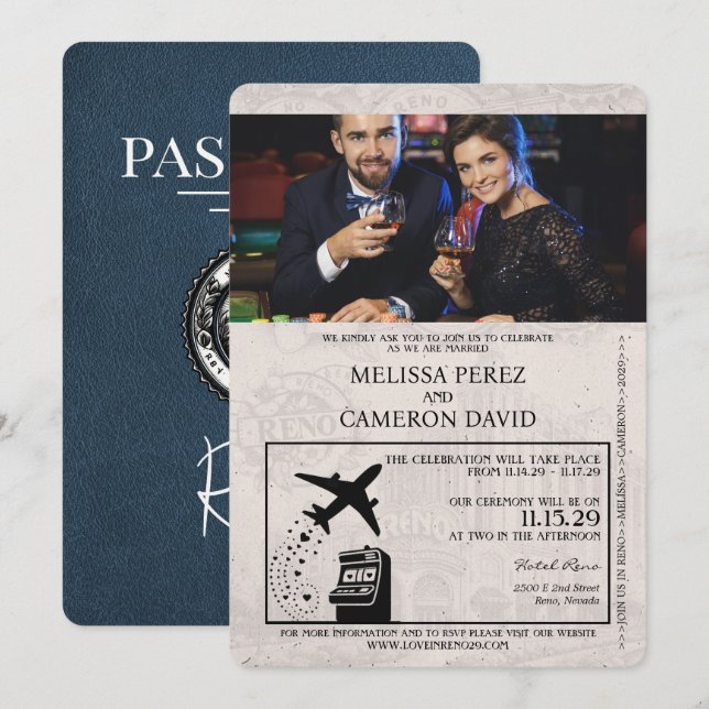 Invitación a matrimonio de Navy Blue Reno Passport (Anverso / Reverso)