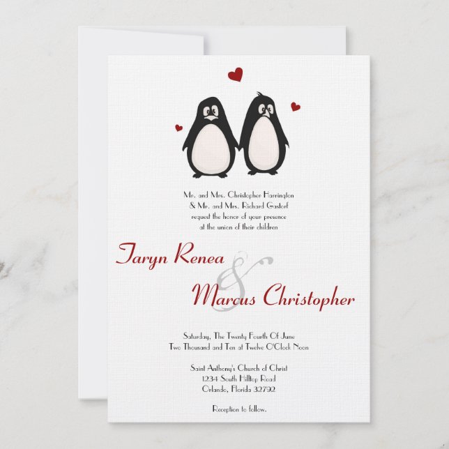 Invitación a matrimonio de pareja de amor pingüino (Anverso)
