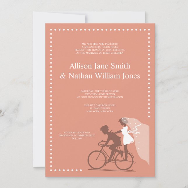 Invitación a matrimonio de pareja de bicicletas de (Anverso)