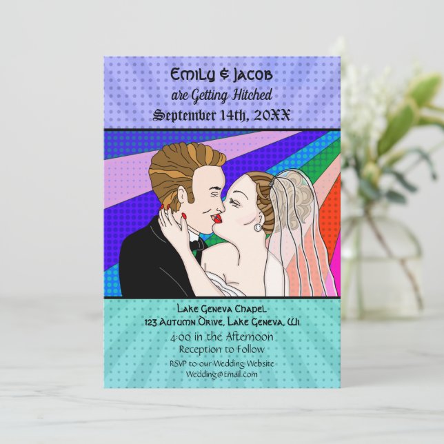 Invitación a matrimonio de parejas de arte pop ret (Anverso de pie)